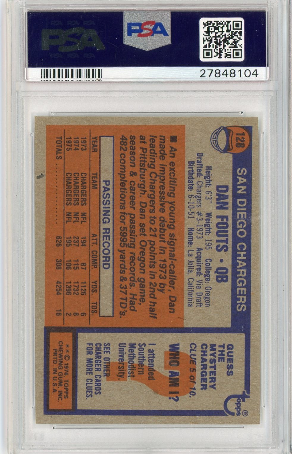 Graded 1976 Topps Dan Fouts #128 Football Card PSA 9 Mint