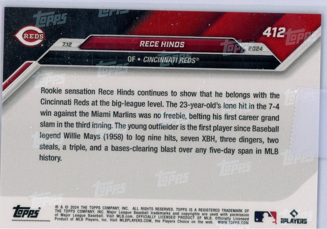 2024 Topps Now Rece Hinds #412 Blue #/49 Rookie RC Baseball Card