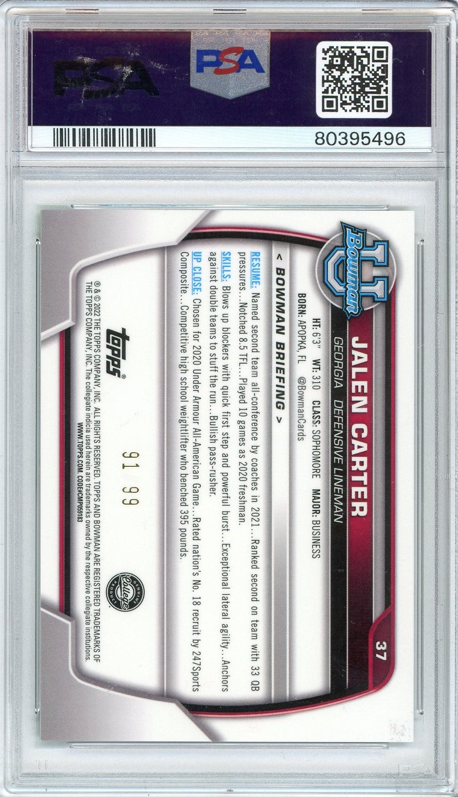 Graded 2022 Bowman University Jalen Carter #37 Chrome Green Shimmer Rookie RC Football Card PSA 10