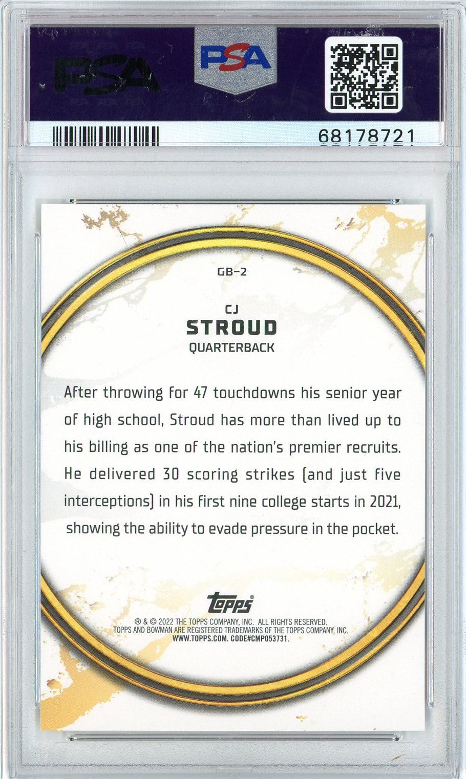 Graded 2021 Bowman University CJ Stroud #GB2 Golden Boy Rookie RC Football Card PSA 10 Gem Mint