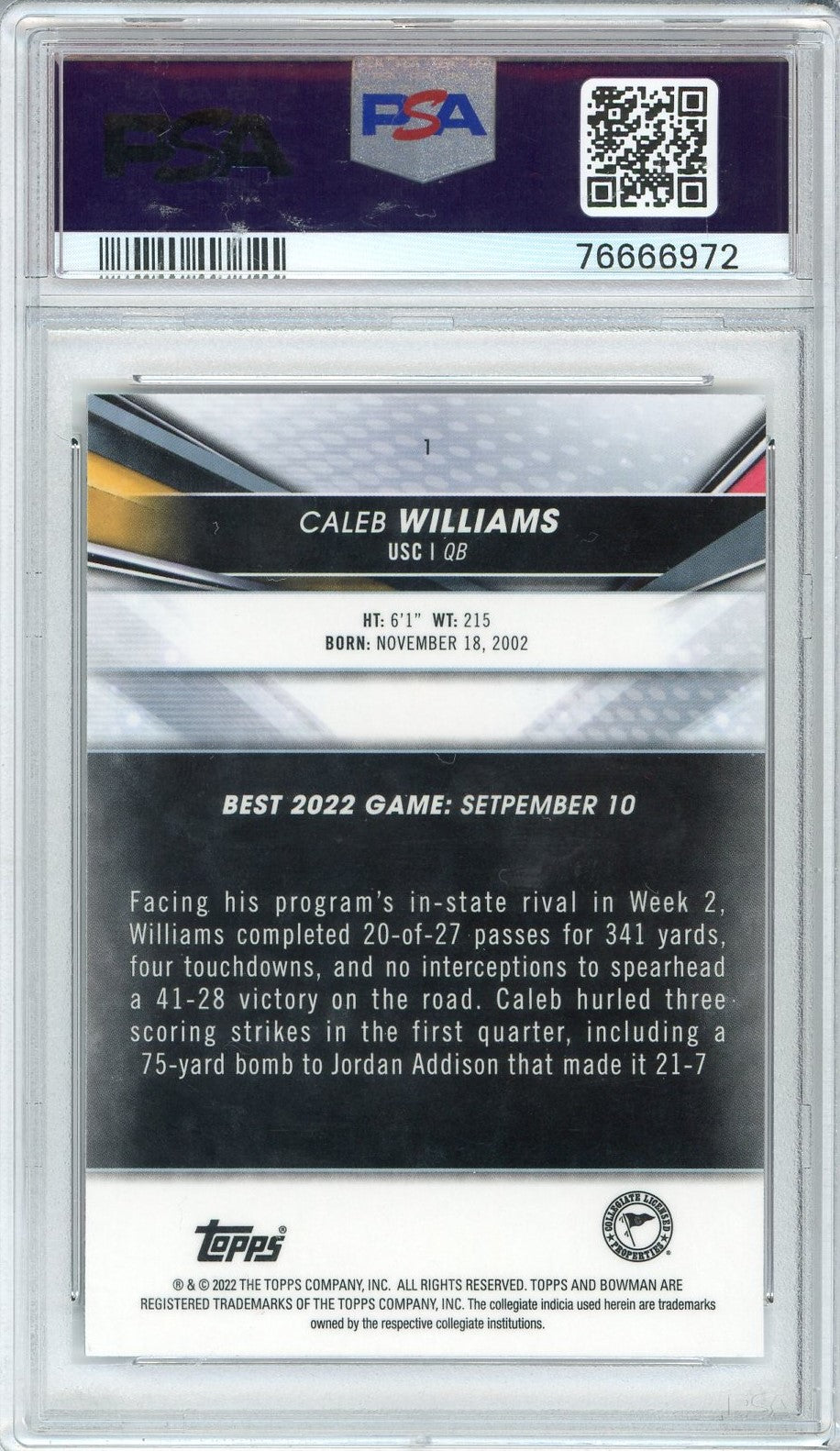 Graded 2022 Topps Bowmans Best University Caleb Williams #1 Rookie RC Football Card PSA 10 Gem Mint