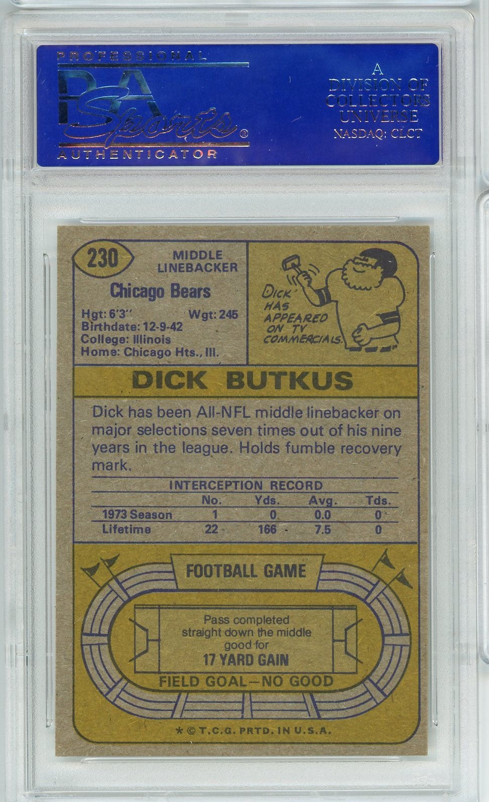 Graded 1974 Topps Dick Butkus #230 Football Card PSA 8 NM-MT