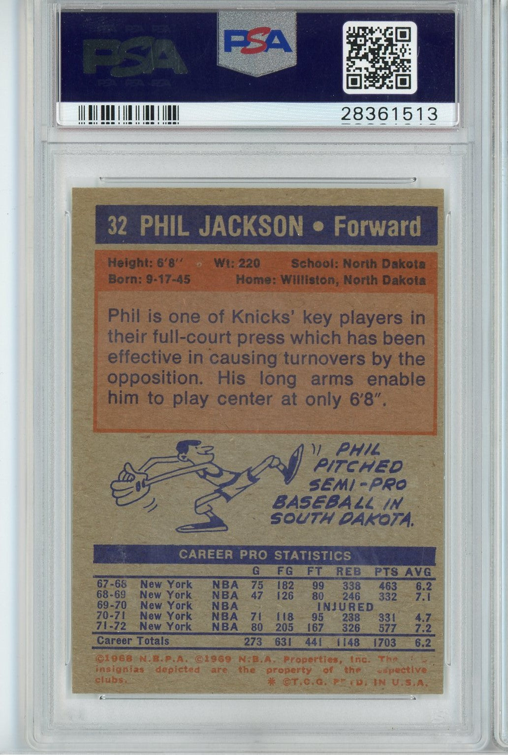Graded 1972 Topps Phil Jackson #32 Rookie RC Basketball Card PSA 7 Near Mint - Sport Cards