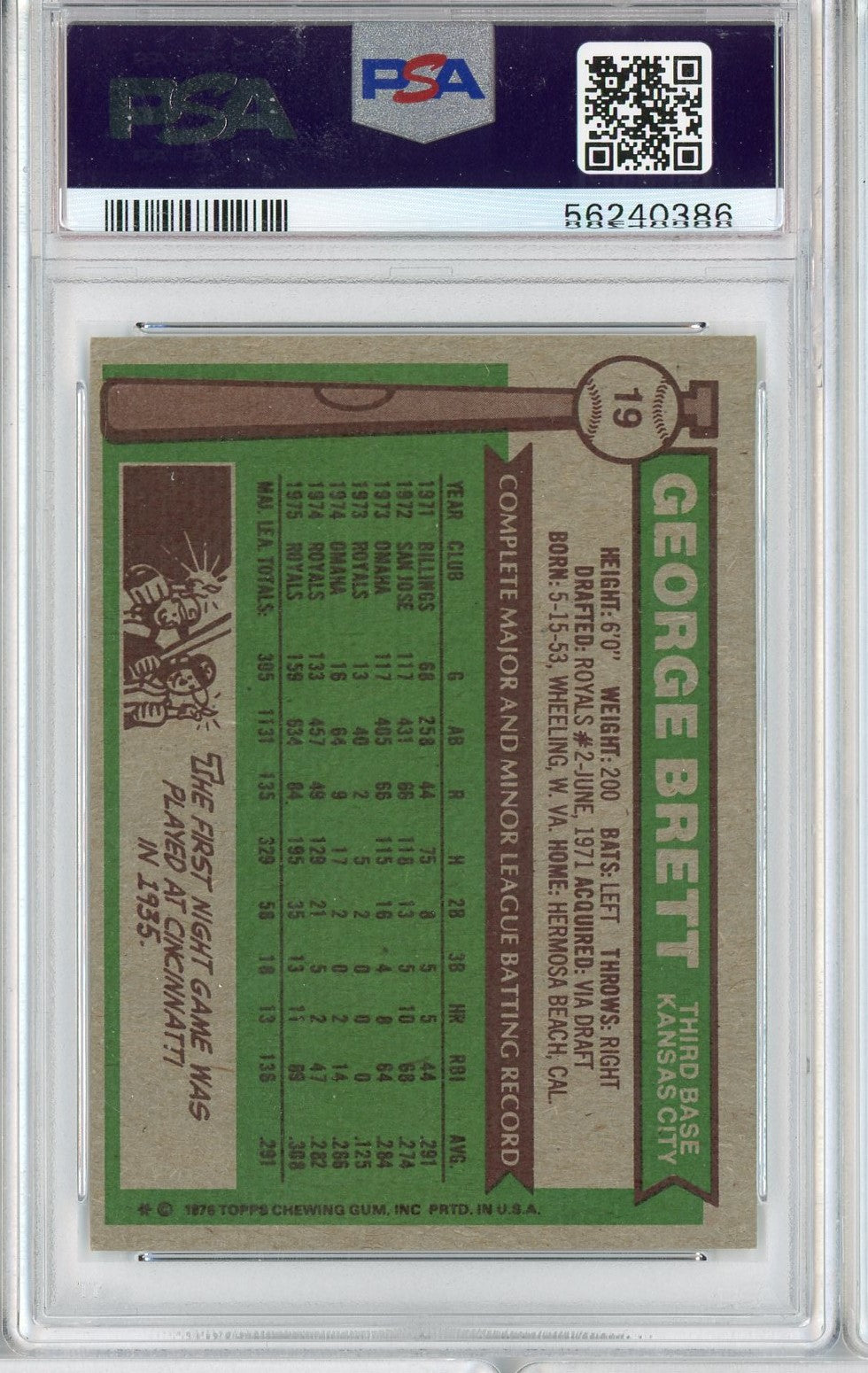 Graded 1976 Topps George Brett #19 2nd Year Baseball Card PSA 7 Near Mint