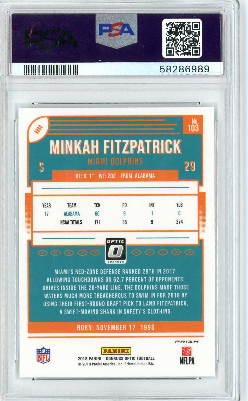 Graded 2018 Panini Donruss Optic Minkah Fitzpatrick #103 Holo Rookie RC Football Card PSA 10 Gem Mint - Sport Cards