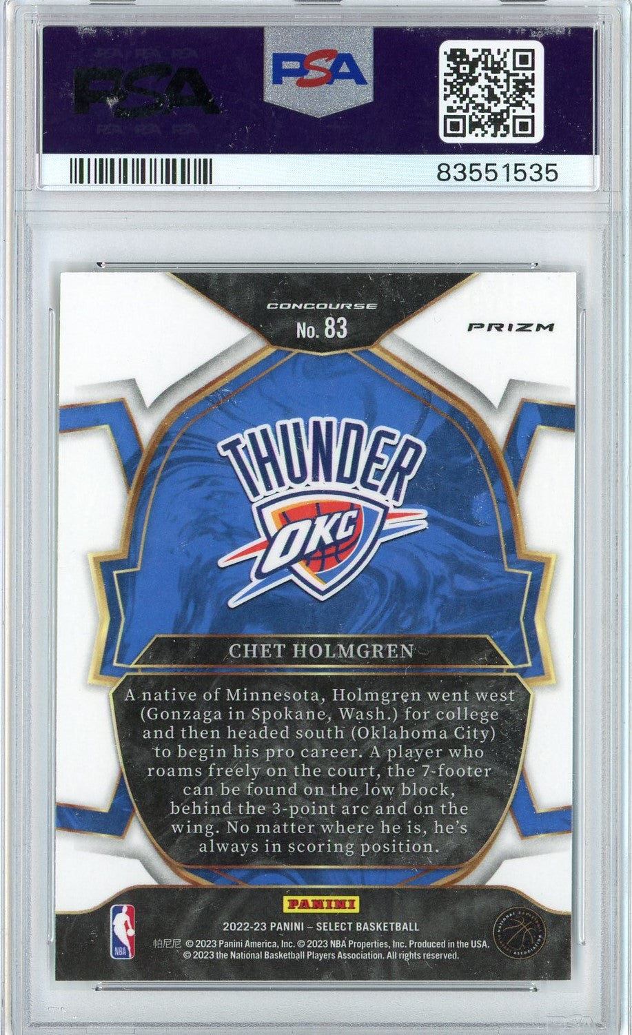 Graded 2022 Panini Select Chet Holmgren #83 Tri-Color Rookie RC Basketball Card PSA 10 Gem Mint