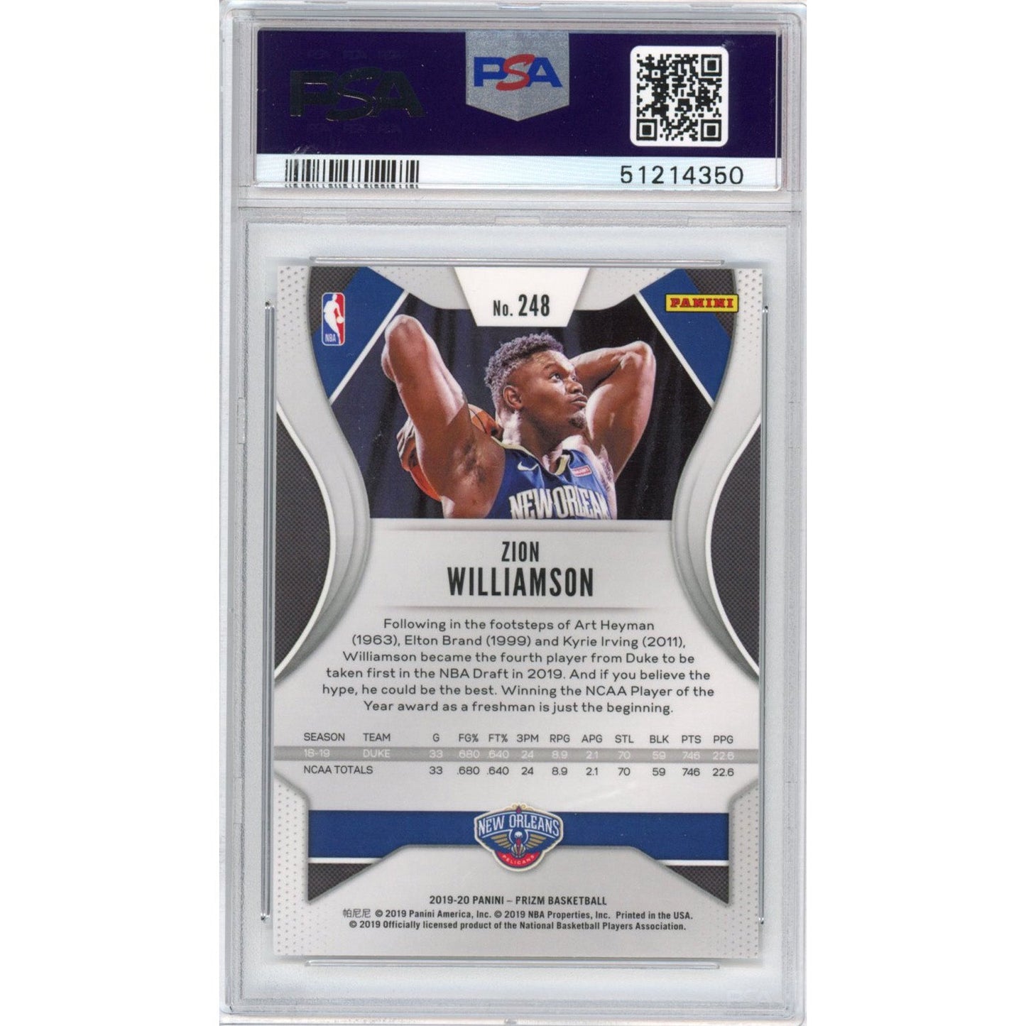 Graded 2019-20 Panini Prizm Zion Williamson #248 Rookie RC Basketball Card PSA 10 Gem Mint