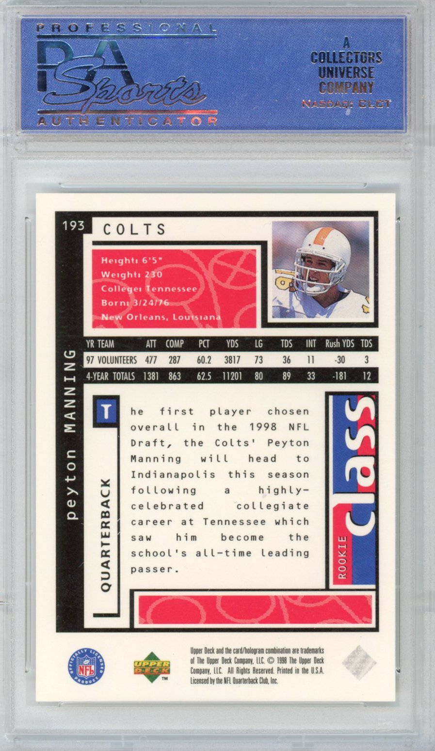 Graded 1998 Upper Deck UD Choice Peyton Manning #193 Rookie RC Football Card PSA 10 Gem Mint