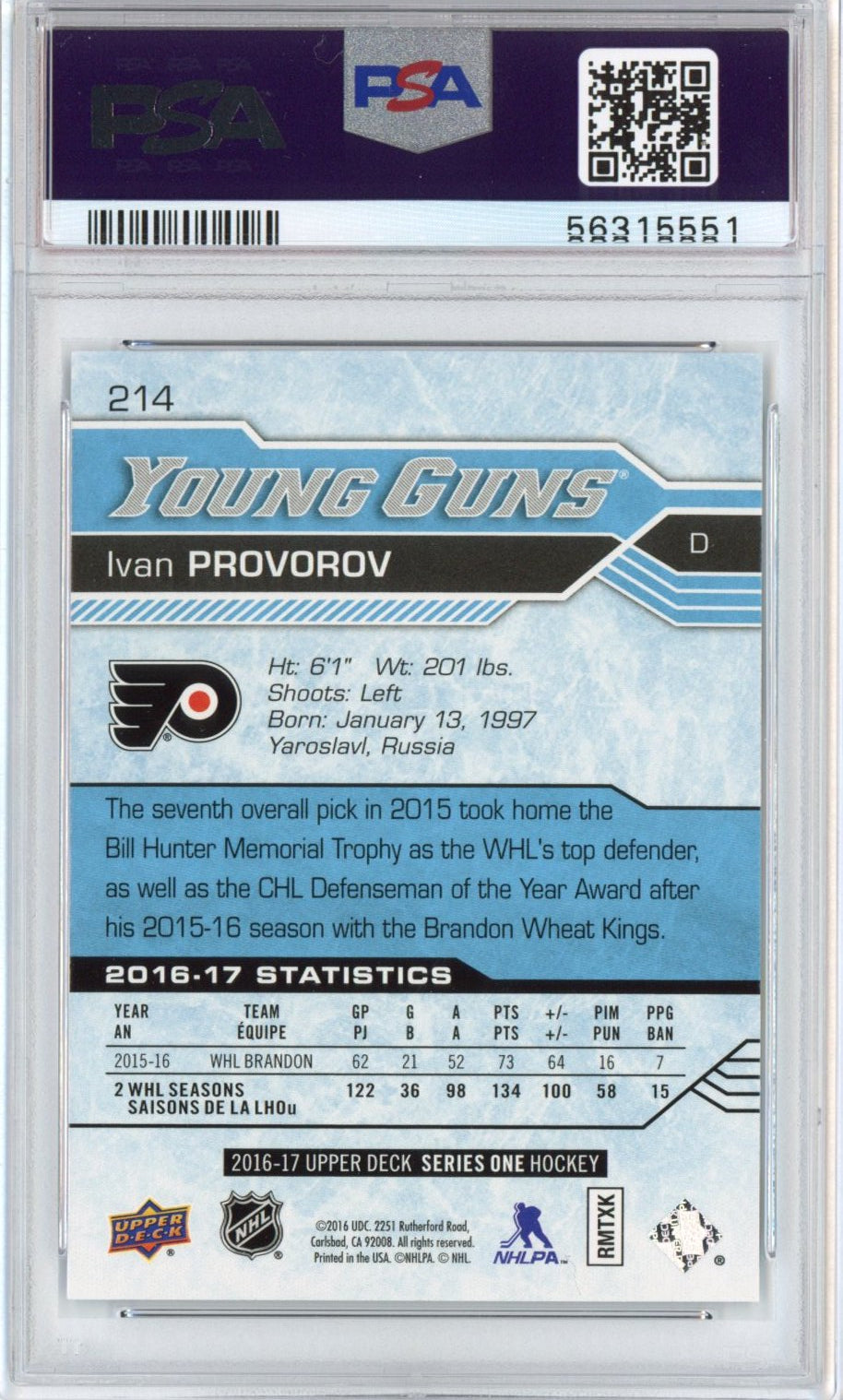 Graded 2016-17 Upper Deck UD Ivan Provorov #214 Rookie RC Hockey Card PSA 10 Gem Mint