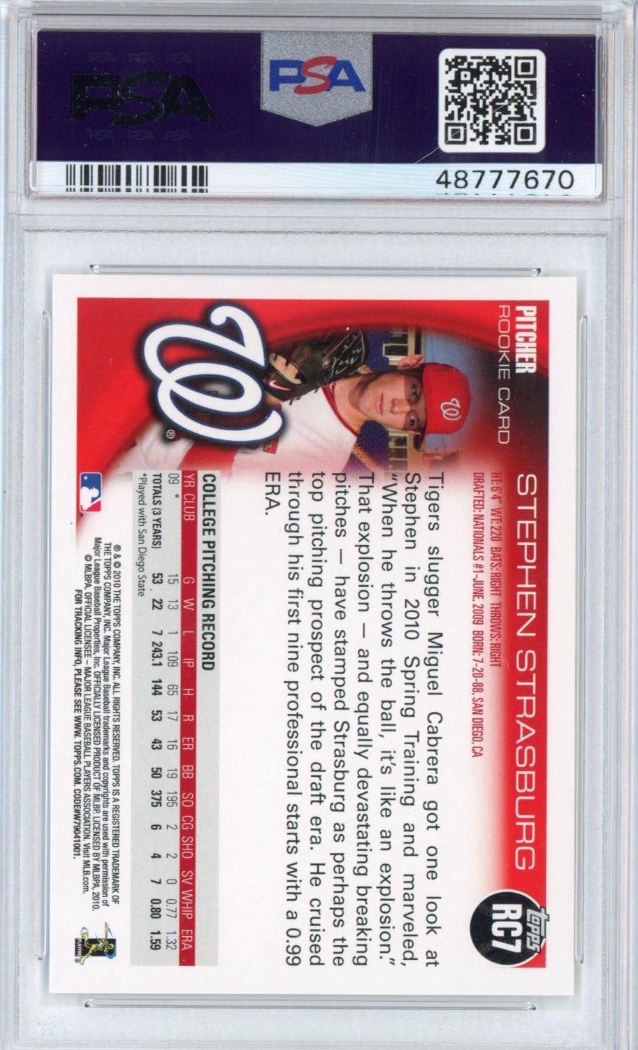 Graded 2010 Topps Holiday Stephen Strasburg #RC7 Factory Set Bonus Rookie RC Baseball Card PSA 10 Gem Mint