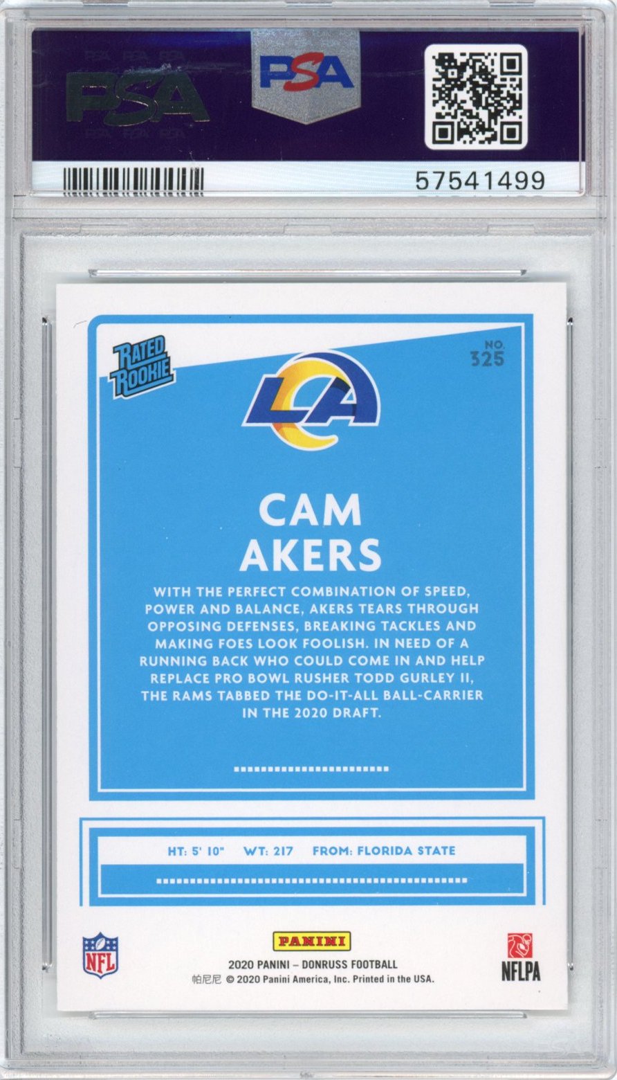 Graded 2020 Panini Donruss Cam Akers #325 Rated Rookie RC Football Card PSA 10 Gem Mint