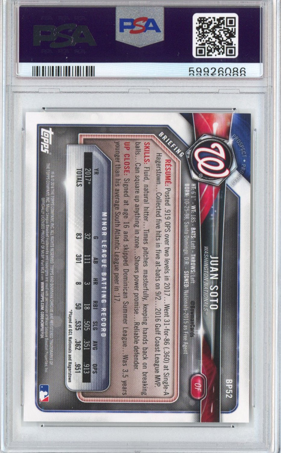 Graded 2018 Bowman Paper Prospects Juan Soto #BP52 Rookie RC Baseball Card PSA 10 Gem Mint