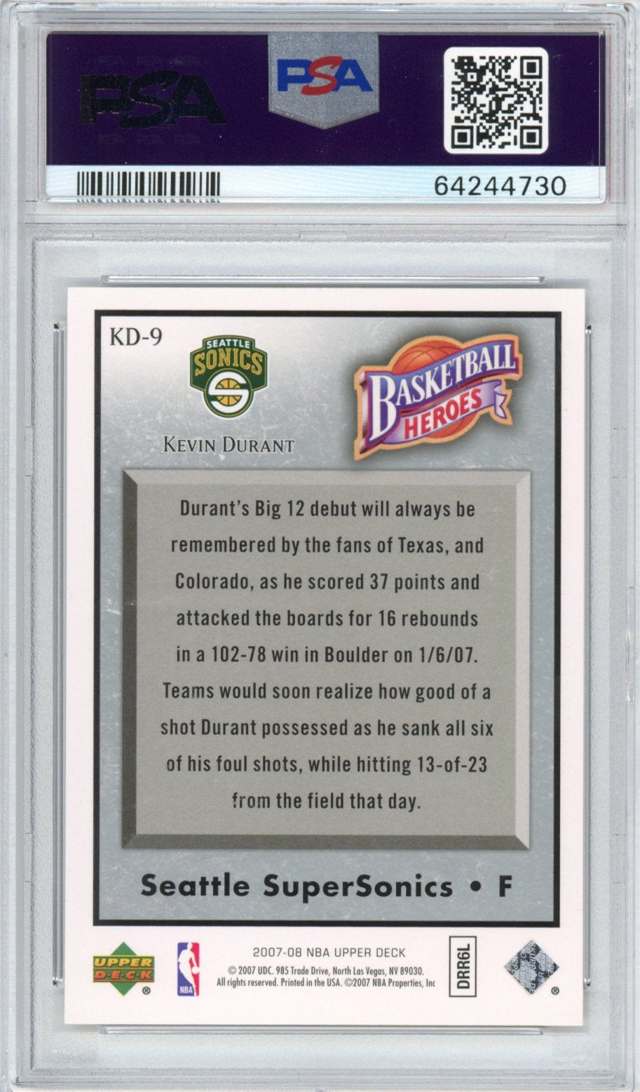 Graded 2007-08 Upper Deck UD NBA Heroes Kevin Durant #KD-9 Rookie RC Basketball Card PSA 10 Gem Mint