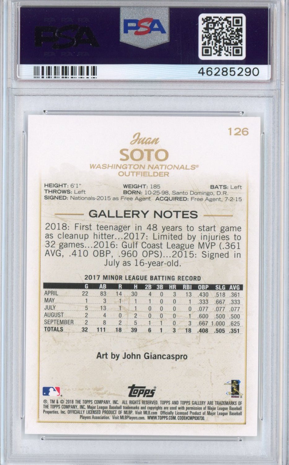 Graded 2018 Topps Gallery Juan Soto #126 Rookie RC Baseball Card PSA 10 Gem Mint