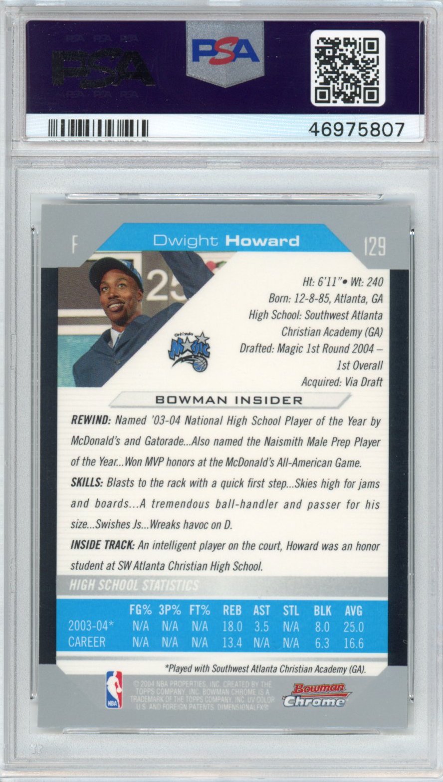 Graded 2004-05 Bowman Chrome DP Draft Picks & Prospects Dwight Howard #129 Rookie RC Basketball Card PSA 10 Gem Mint