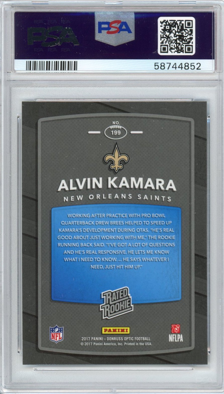 Graded 2017 Panini Donruss Optic Alvin Kamara #199 Rookie RC Football Card PSA 10 Gem Mint