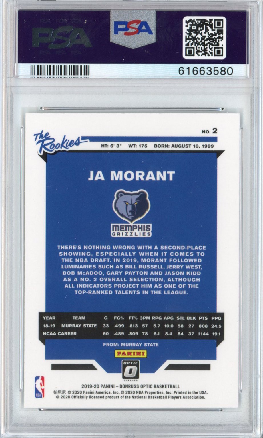 Graded 2019-20 Panini Donruss Optic Ja Morant #2 The Rookies RC Basketball Card PSA 10 Gem Mint