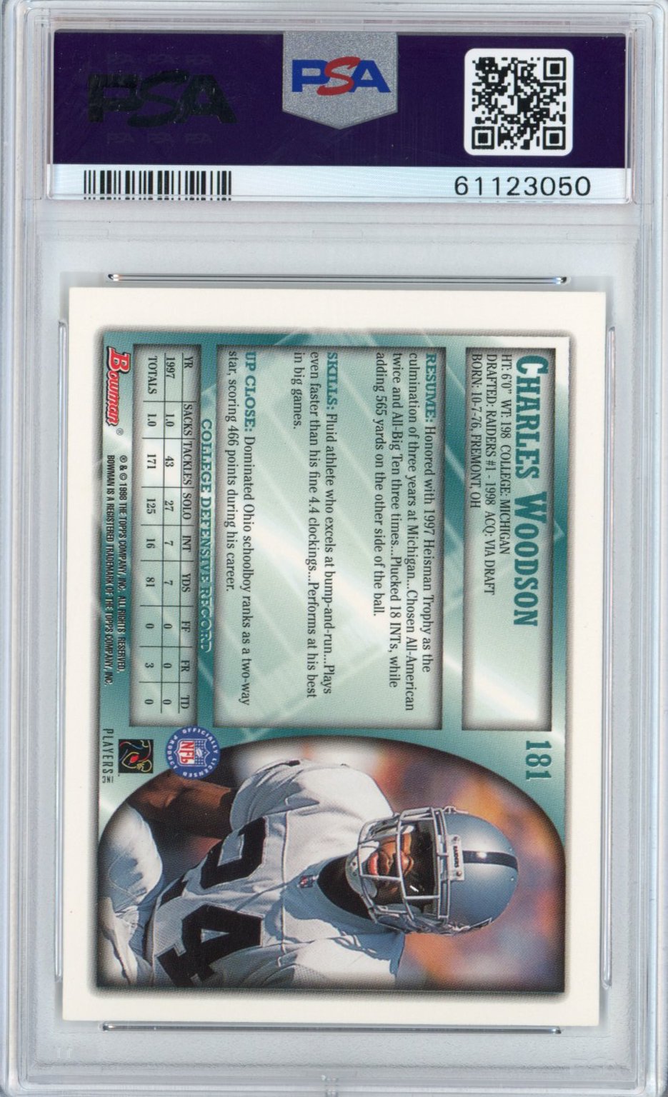 Graded 1998 Bowman Charles Woodson #181 Rookie RC Football Card PSA 10 Gem Mint