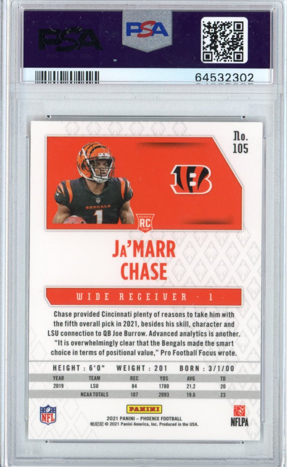Graded 2021 Panini Phoenix Ja'Marr Chase #105 Fire Burst Rookie RC Football Card PSA 10 Gem Mint