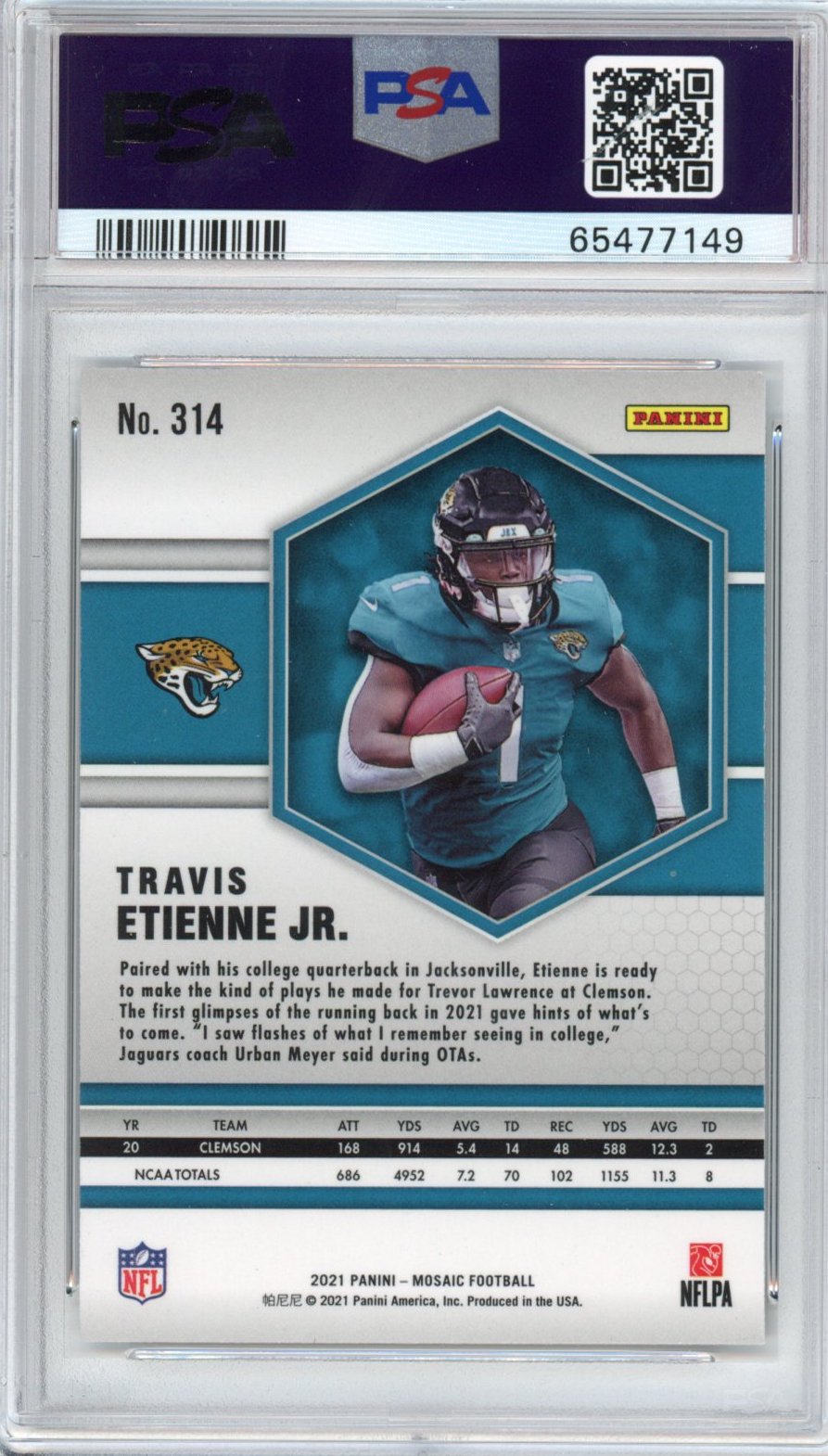 Graded 2021 Panini Mosaic Travis Etienne Jr. #314 Rookie RC Football Card PSA 10 Gem Mint