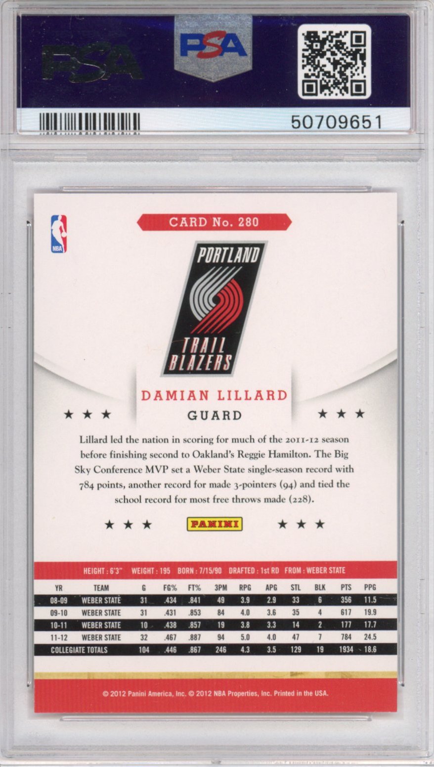 Graded 2012-13 Panini Hoops Damian Lillard #280 Rookie RC Basketball Card PSA 10 Gem Mint