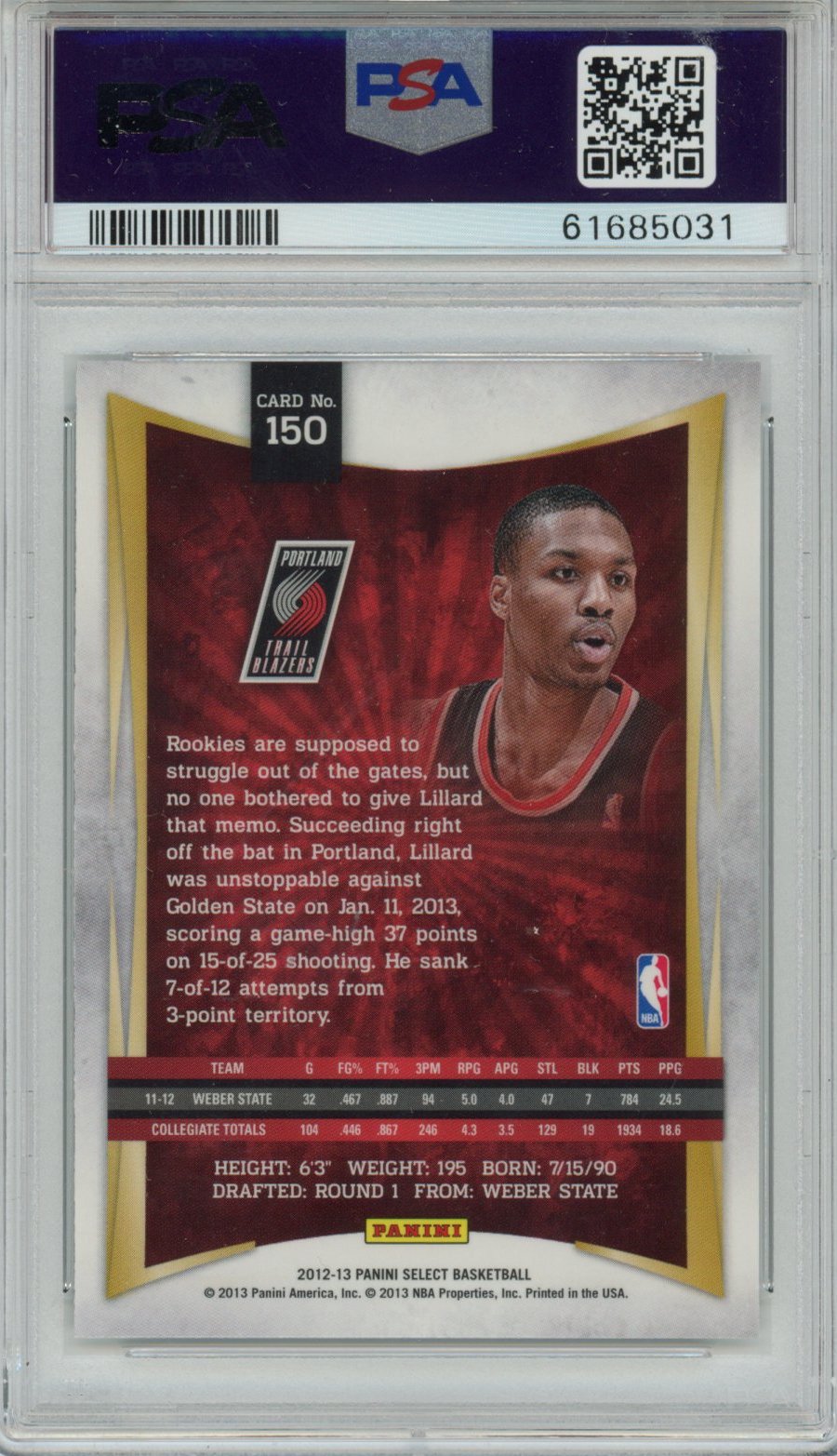 Graded 2012-13 Panini Select Damian Lillard #150 Rookie RC Basketball Card PSA 10 Gem Mint