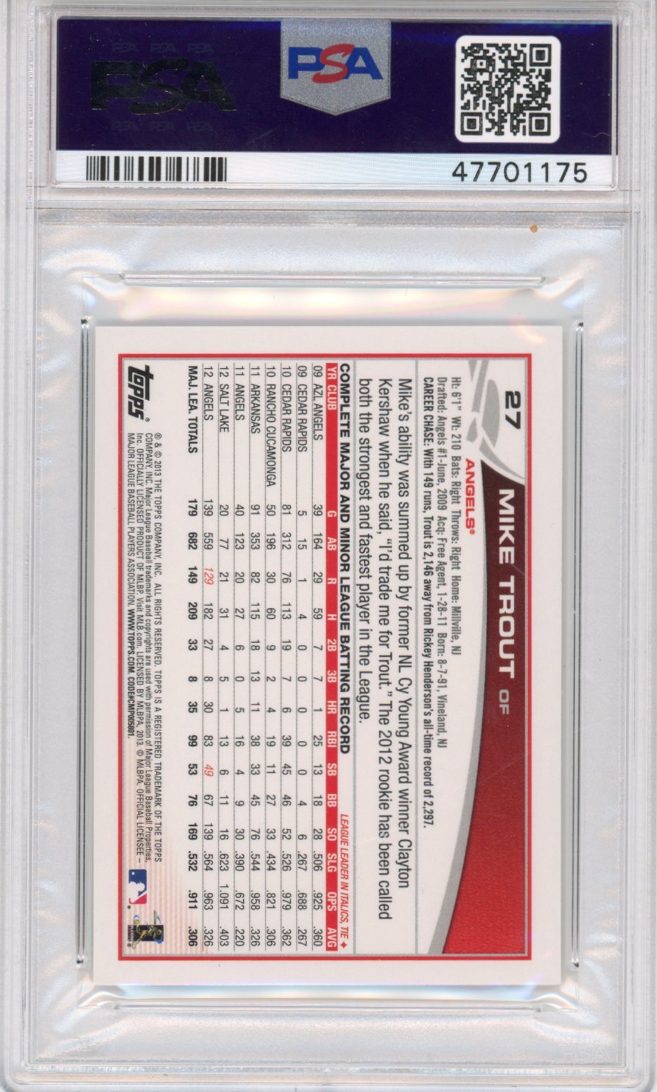 Graded 2013 Topps Mini Mike Trout #27 Sliding Rookie Cup RC Baseball Card PSA 10 Gem Mint