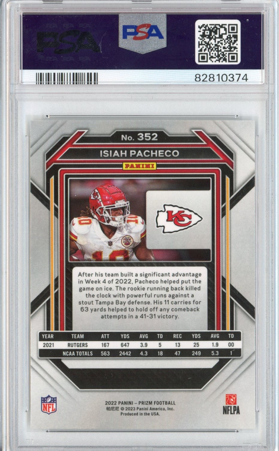 Graded 2022 Panini Prizm Isiah Pacheco #352 Rookie RC Football Card PSA 10 Gem Mint
