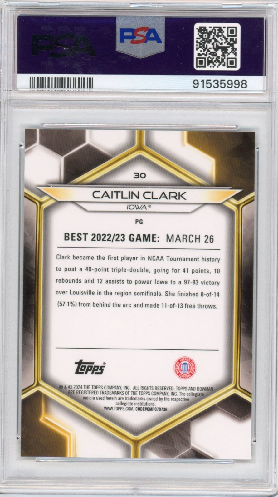 Graded 2023 Topps Bowman U Best Caitlin Clark #30 Rookie RC Basketball Card PSA 10 Gem Mint