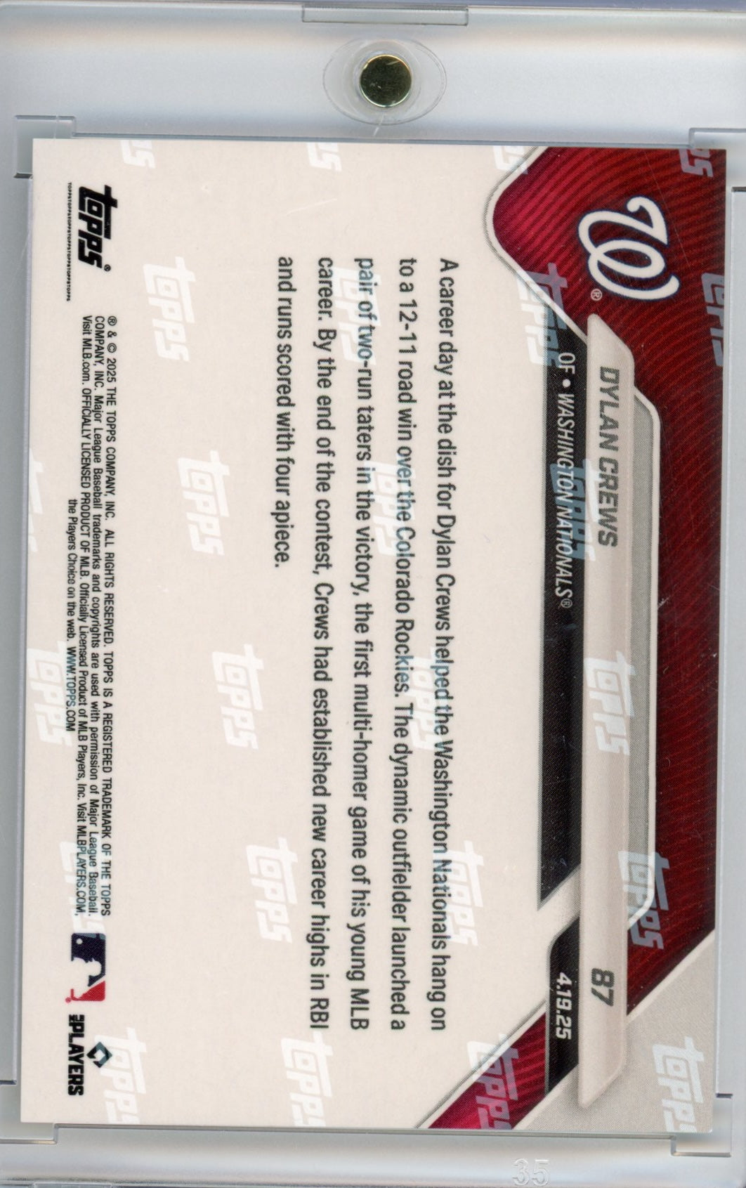2025 Topps Now Dylan Crews #87 Gold /50 Washington Nationals Rookie RC Baseball Card