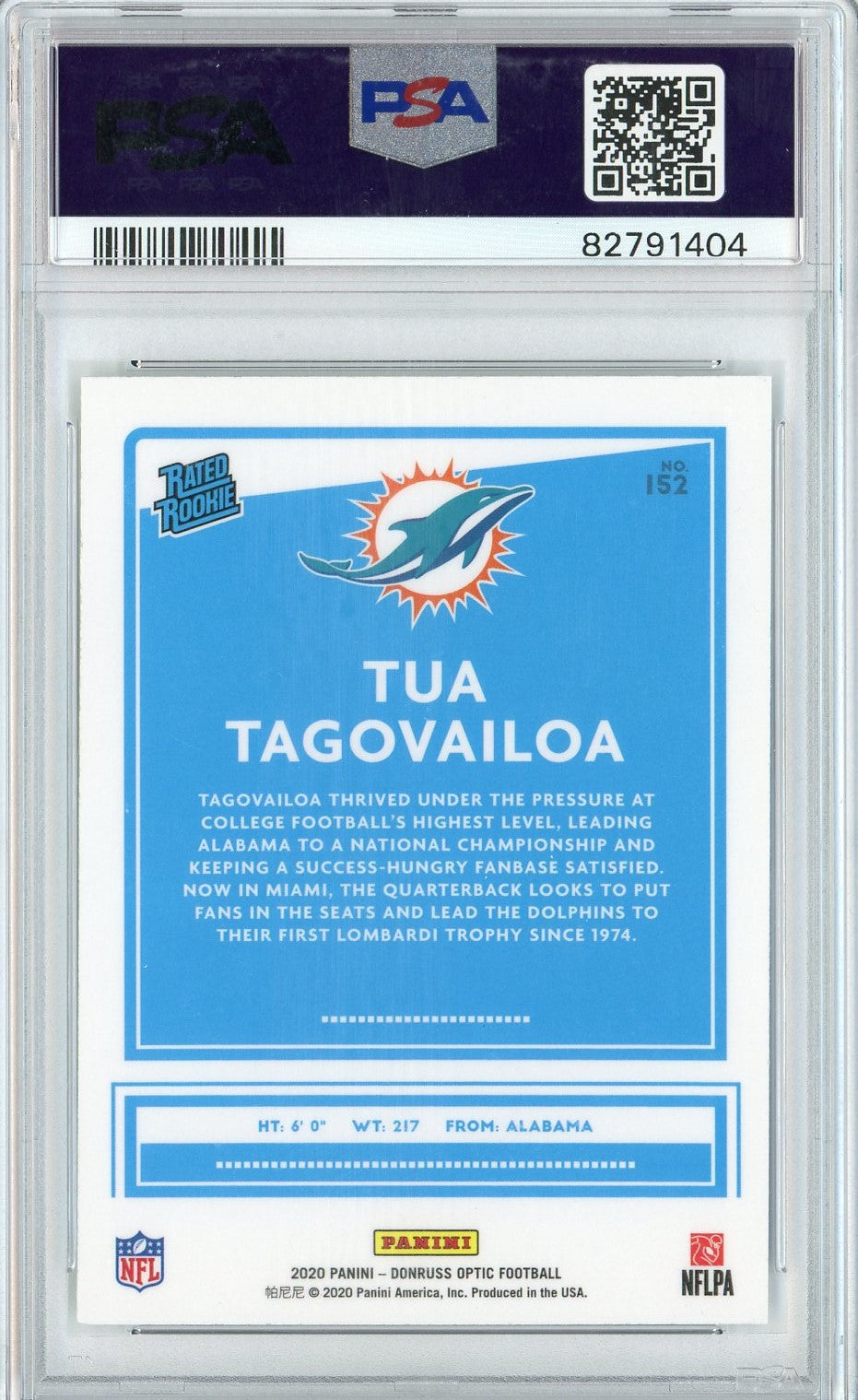 Graded 2020 Panini Donruss Optic Tua Tagovailoa #152 Rookie RC Football Card PSA 10 Gem Mint