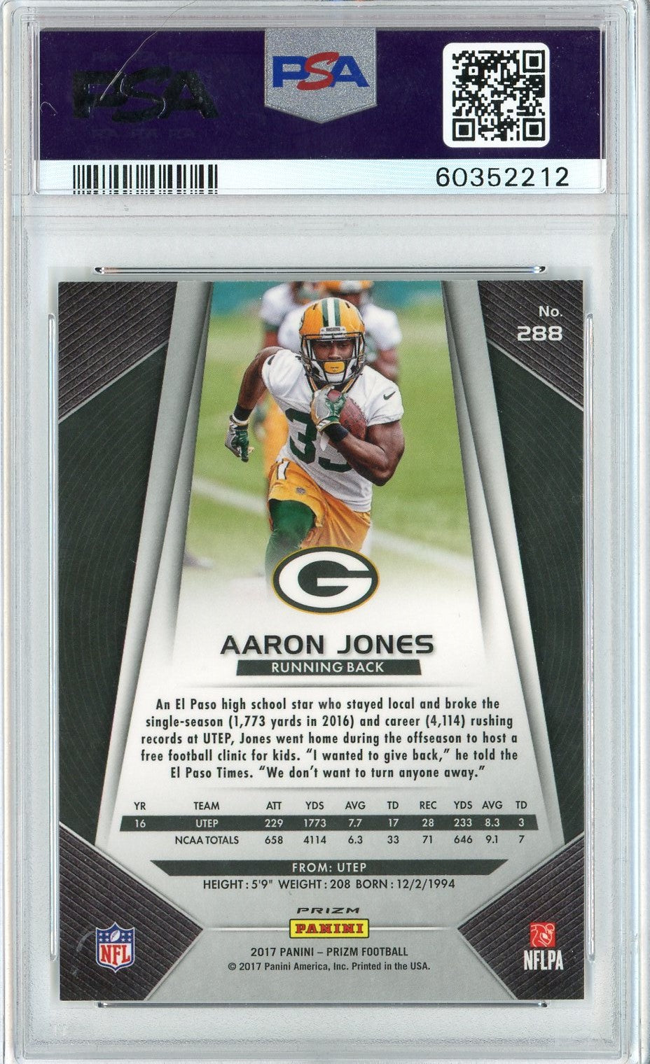 Graded 2017 Panini Prizm Aaron Jones #288 Prizm Rookie RC Football Card PSA 10 Gem Mint - Sport Cards
