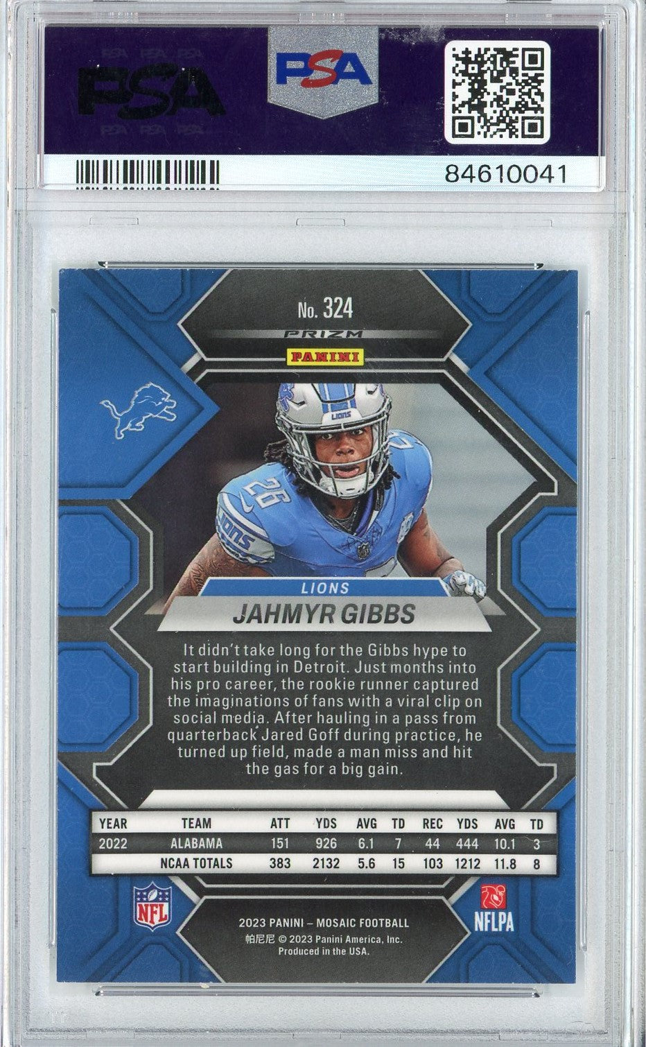 Graded 2023 Panini Mosaic Jahmyr Gibbs #324 Rookie RC Football Card PSA 10 Gem Mint