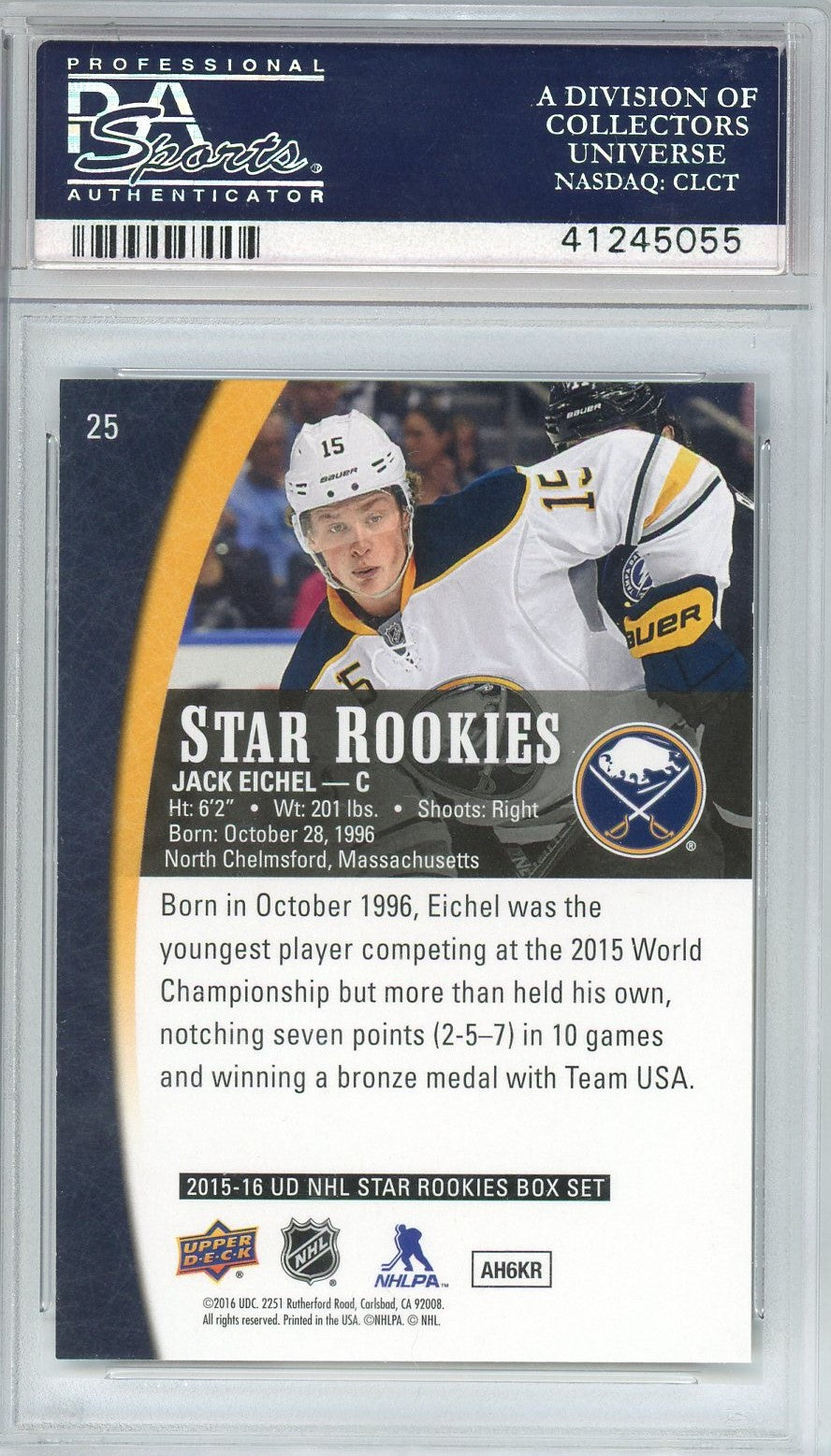 Graded 2015 UD Star Rookies Jack Eichel #25 Rookie RC Hockey Card PSA 10 Gem Mint