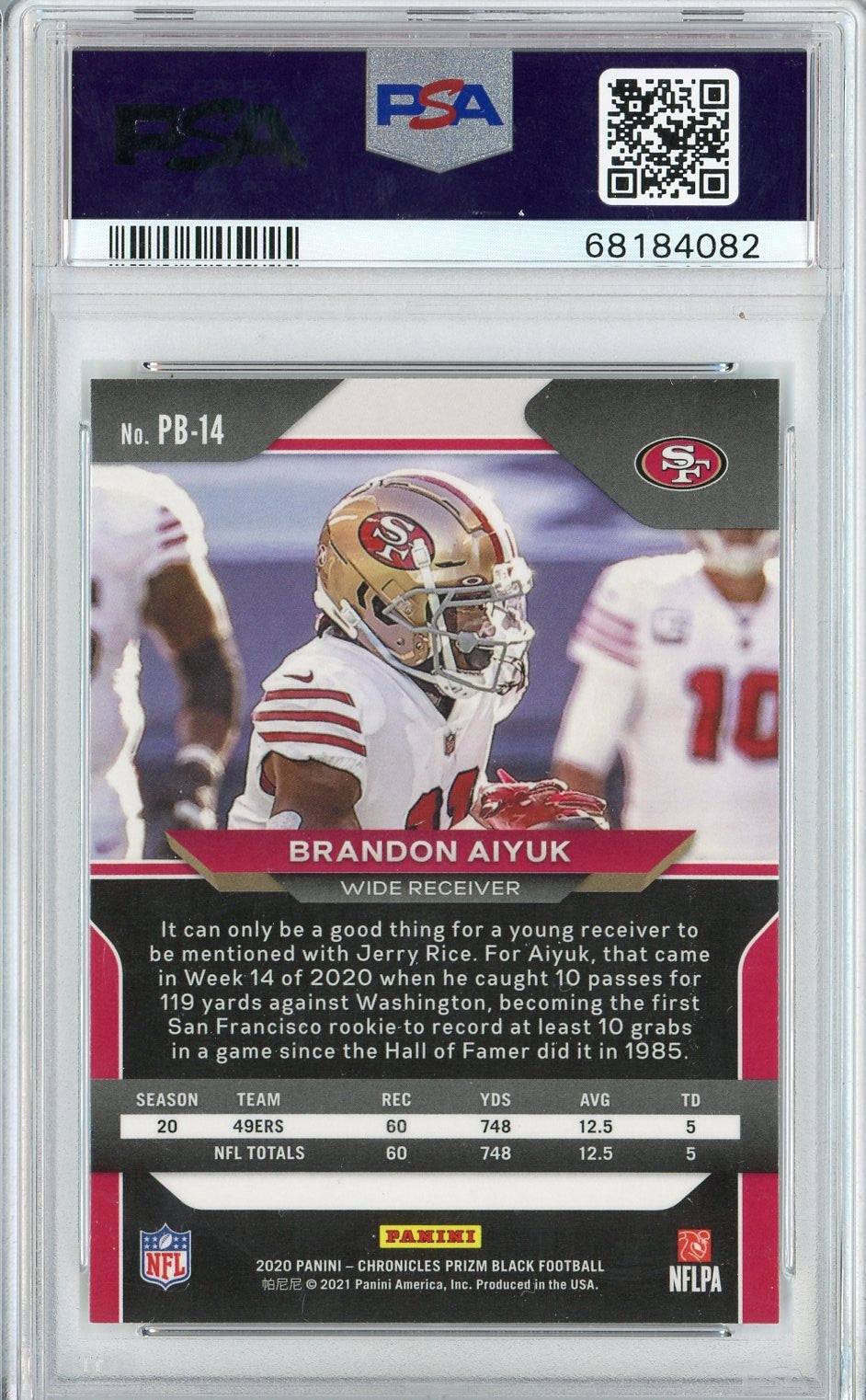 Graded 2020 Panini Chronicles Brandon Aiyuk #PB14 Prizm Black Rookie RC Football Card PSA 10 Gem Mint