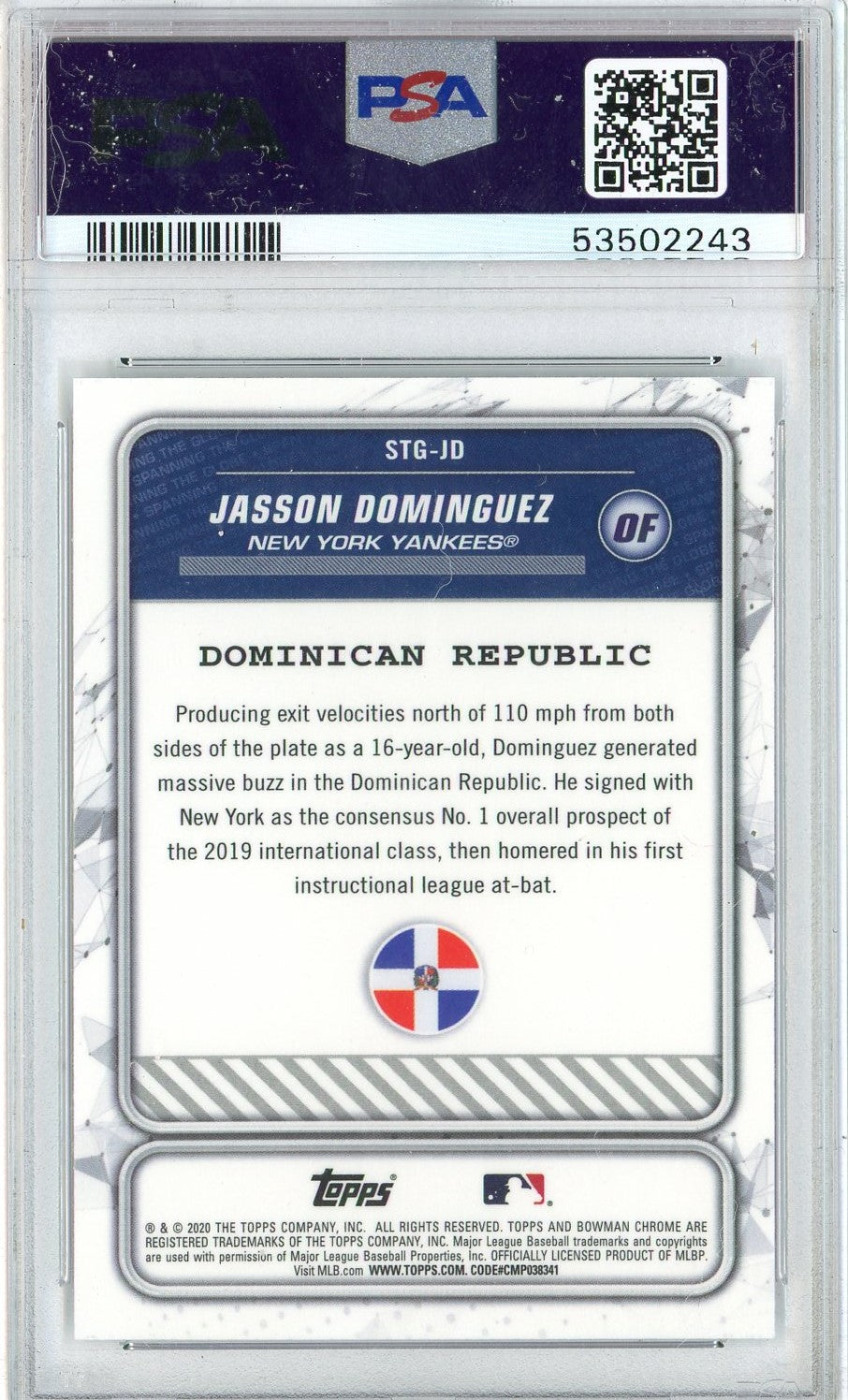 Graded 2020 Topps Bowman Chrome Jasson Dominguez #JD Spanning The Globe Rookie RC Baseball Card PSA 10 Gem Mint