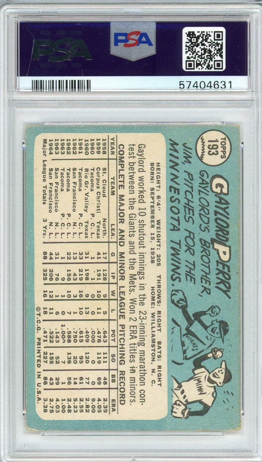 Graded 1965 Topps Gaylord Perry #193 Baseball Card PSA 4 VG-EX