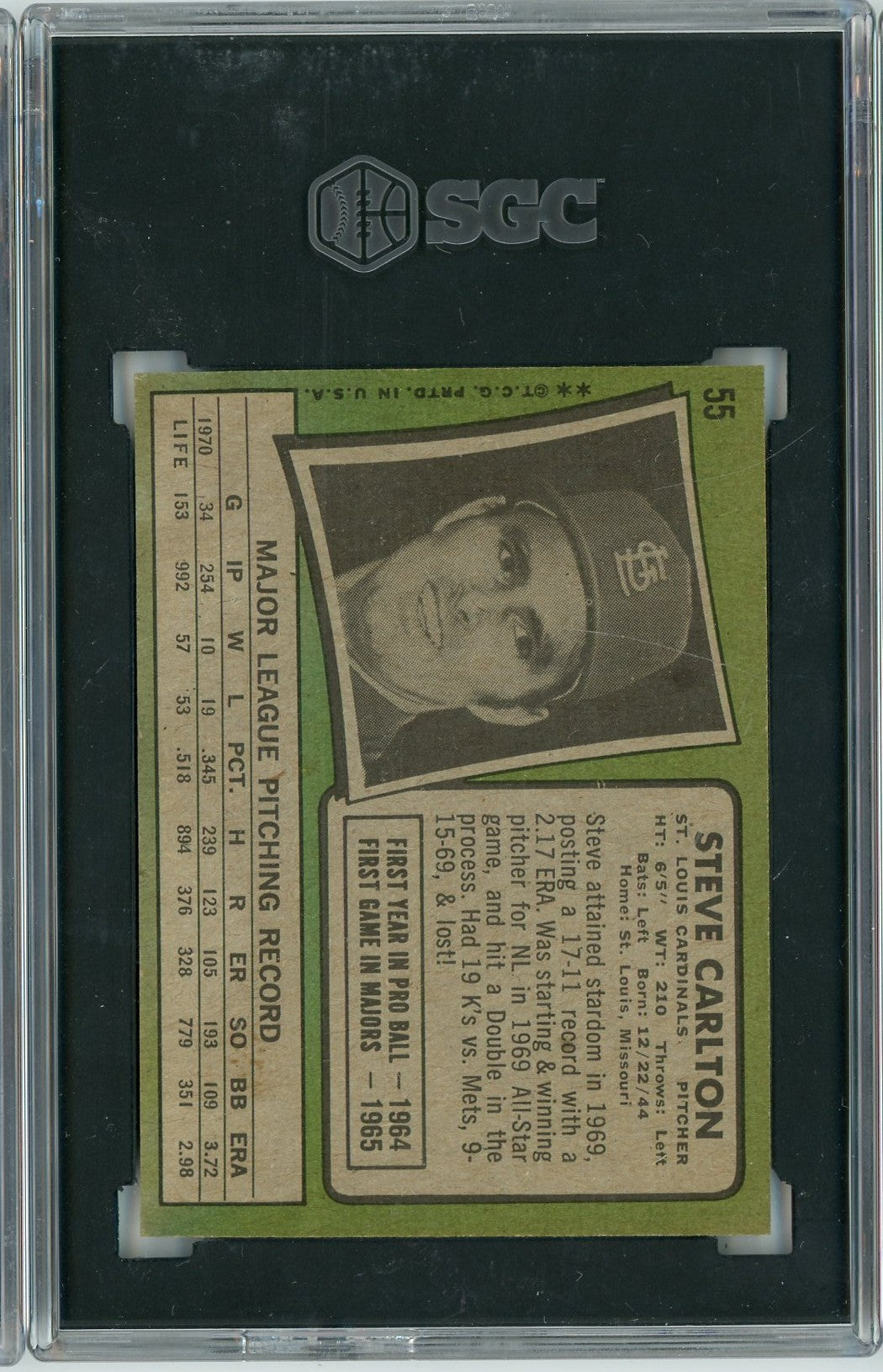 Graded 1971 Topps Steve Carlton #55 Baseball Card SGC 3 Very Good