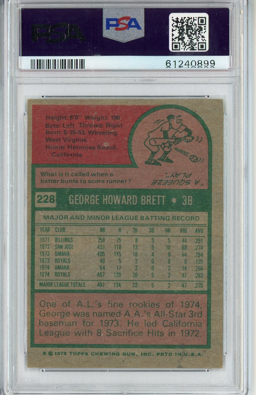 Graded 1975 Topps George Brett #228 Rookie RC Baseball Card PSA 5 Excellent