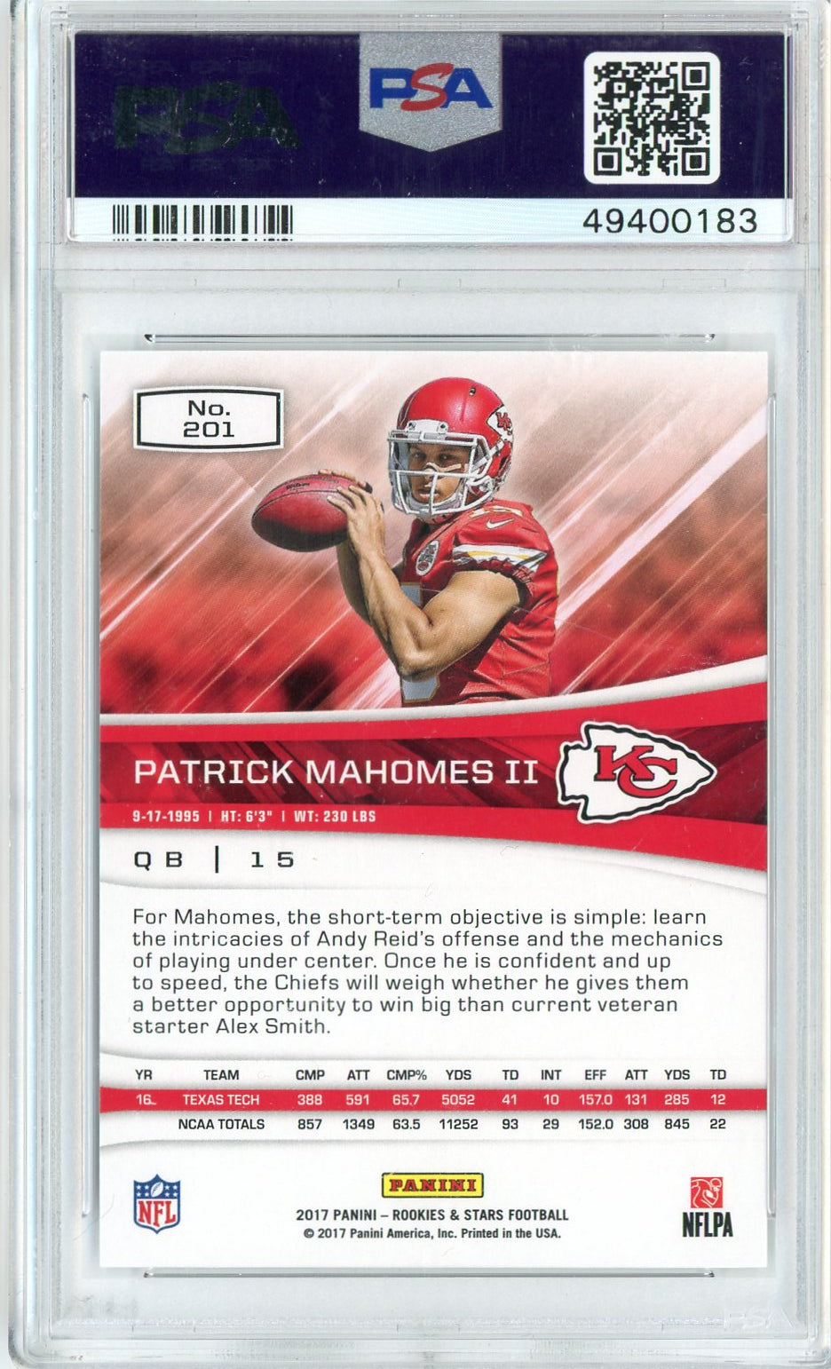 Graded 2017 Panini Rookies & Stars Patrick Mahomes II #201 Rookie RC Football Card PSA 10 Gem Mint