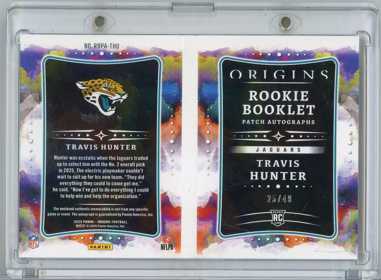 2025 Panini Origins Rookie Booklet Patch Autographs Travis Hunter #RBPA-THU /49 RPA Auto Rookie RC Football Card
