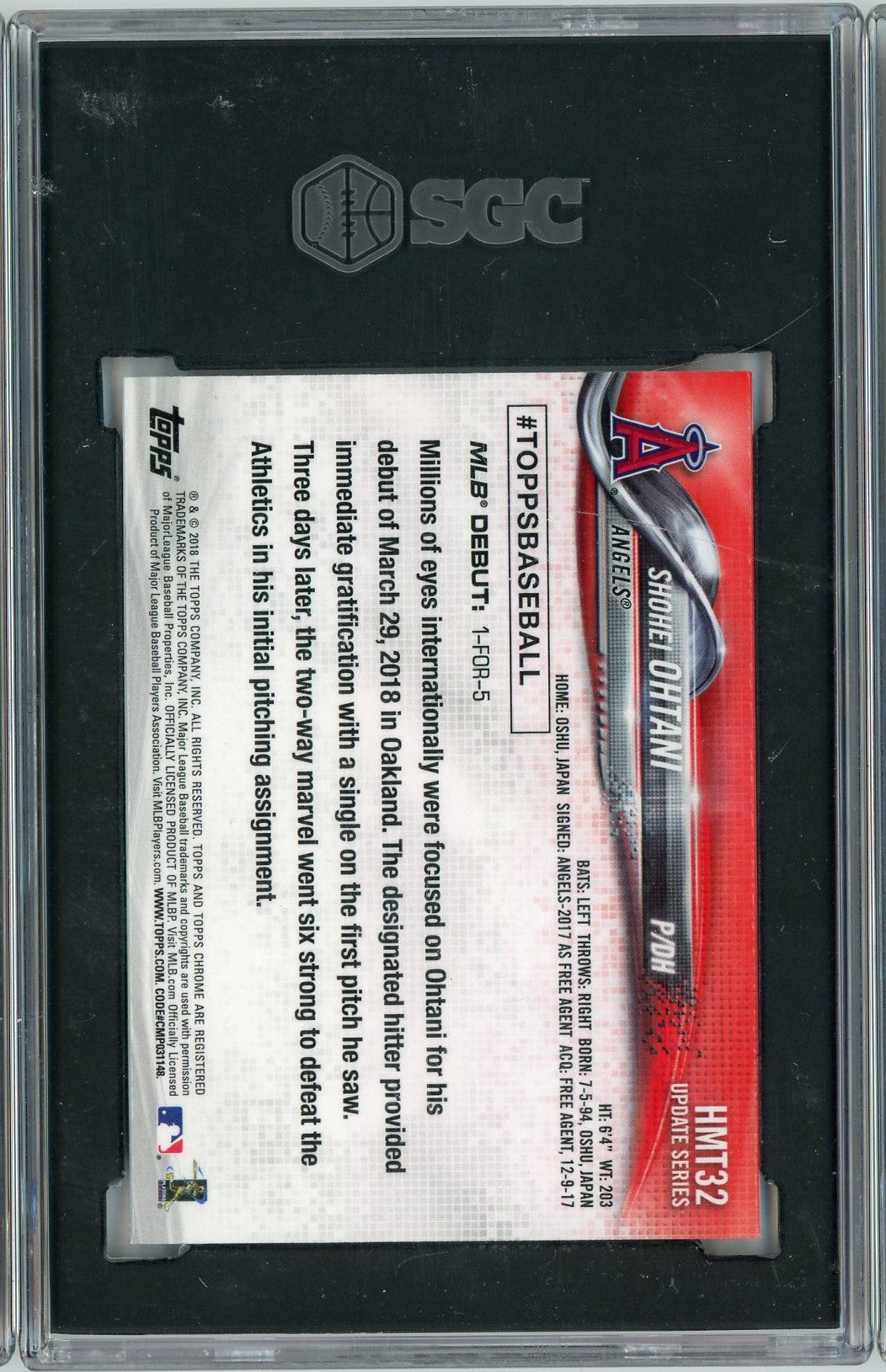Graded 2018 Topps Chrome Update Shohei Ohtani #HMT32 Rookie RC Baseball Card SGC 10 Gem Mint
