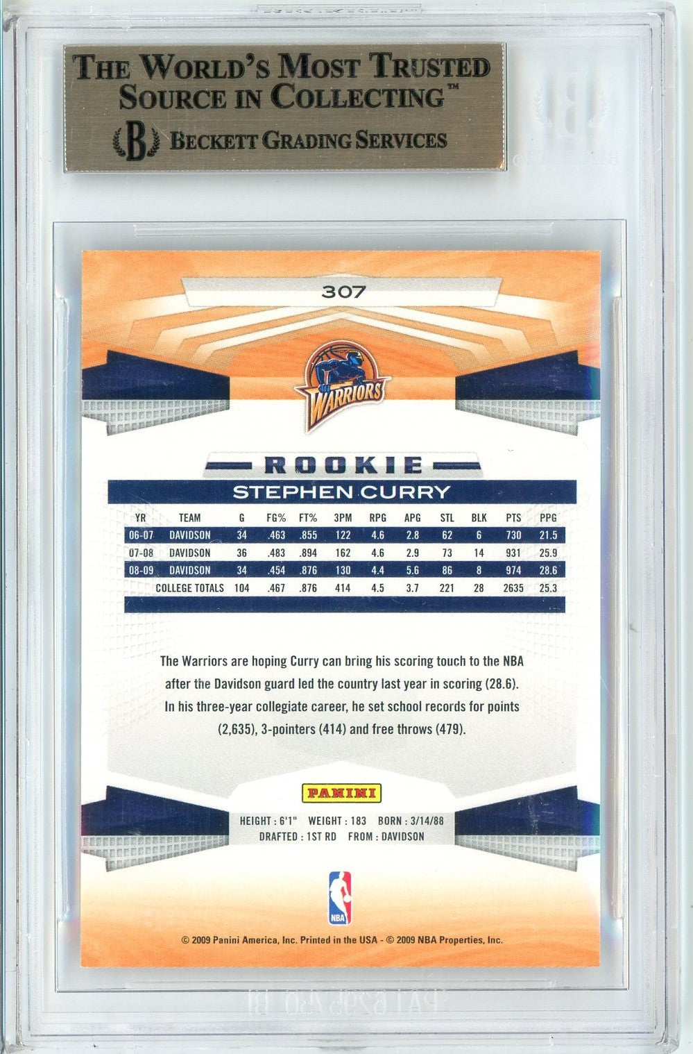 Graded 2009 Panini Stephen Steph Curry #307 Rookie RC Basketball Card BGS 9.5 Gem Mint