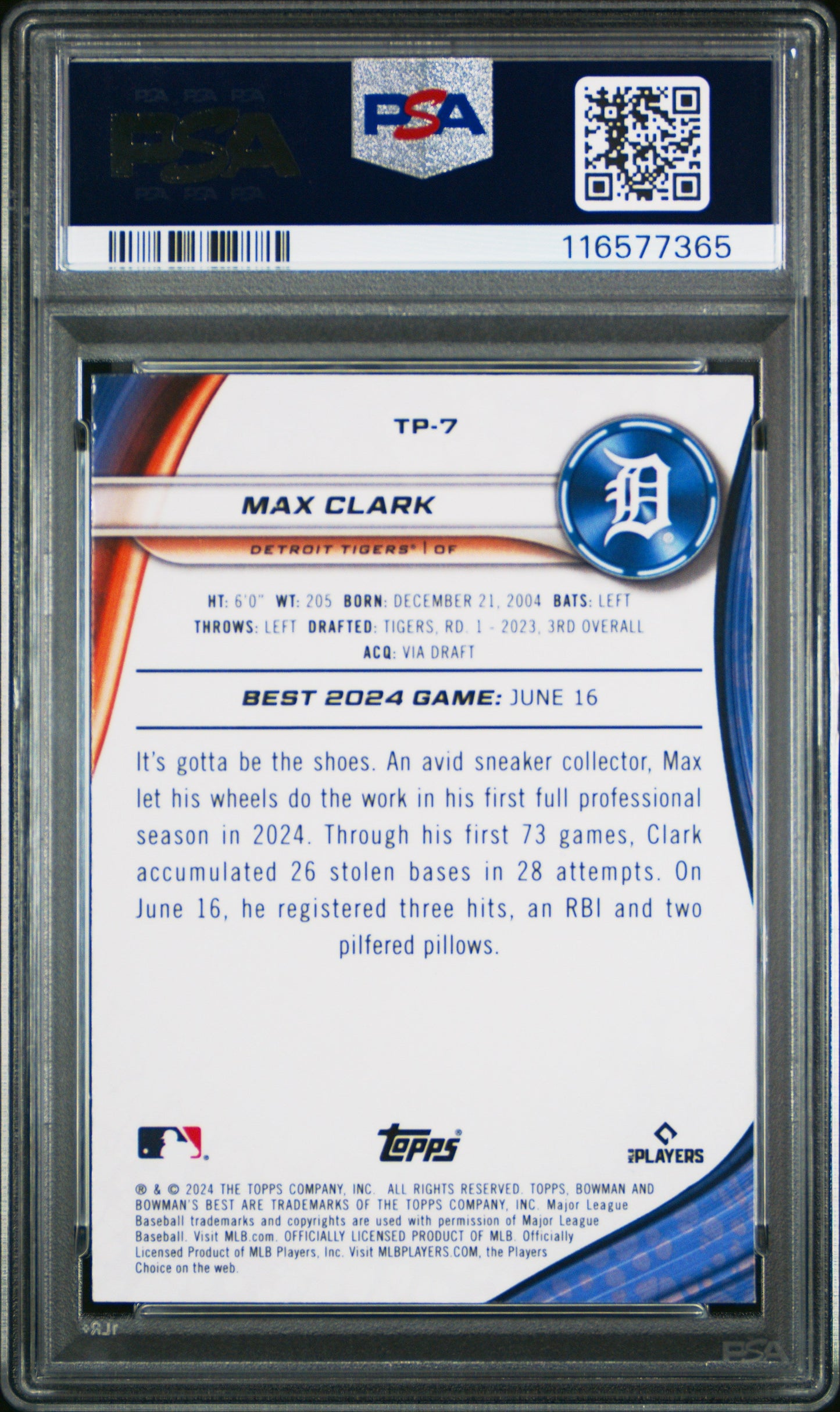 Graded 2024 Topps Bowmans Best Max Clark #TP7 Top Prospects Rookie RC Baseball Card PSA 10 Gem Mint