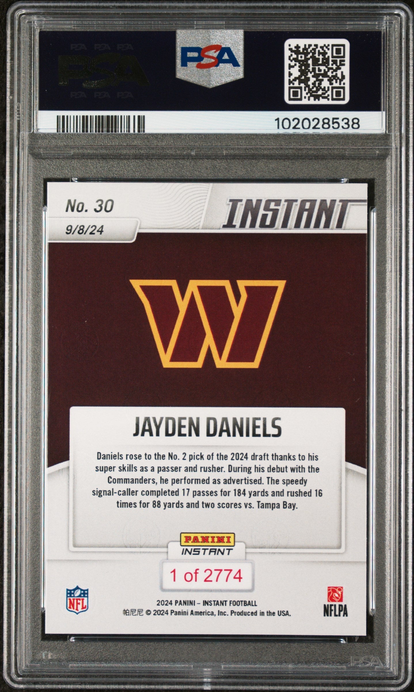 Graded 2024 Panini Instant NFL Jayden Daniels #30 Rookie RC Football Card PSA 10 Gem Mint