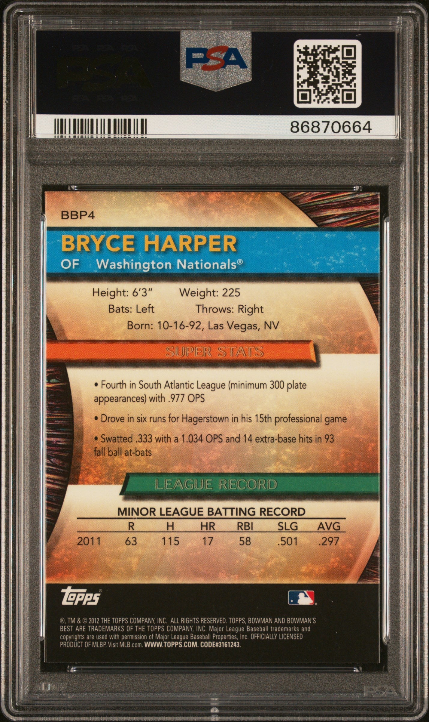 Graded 2012 Topps Bowmans Best Bryce Harper #BBP4 Prospects Rookie RC Baseball Card PSA 10 Gem Mint