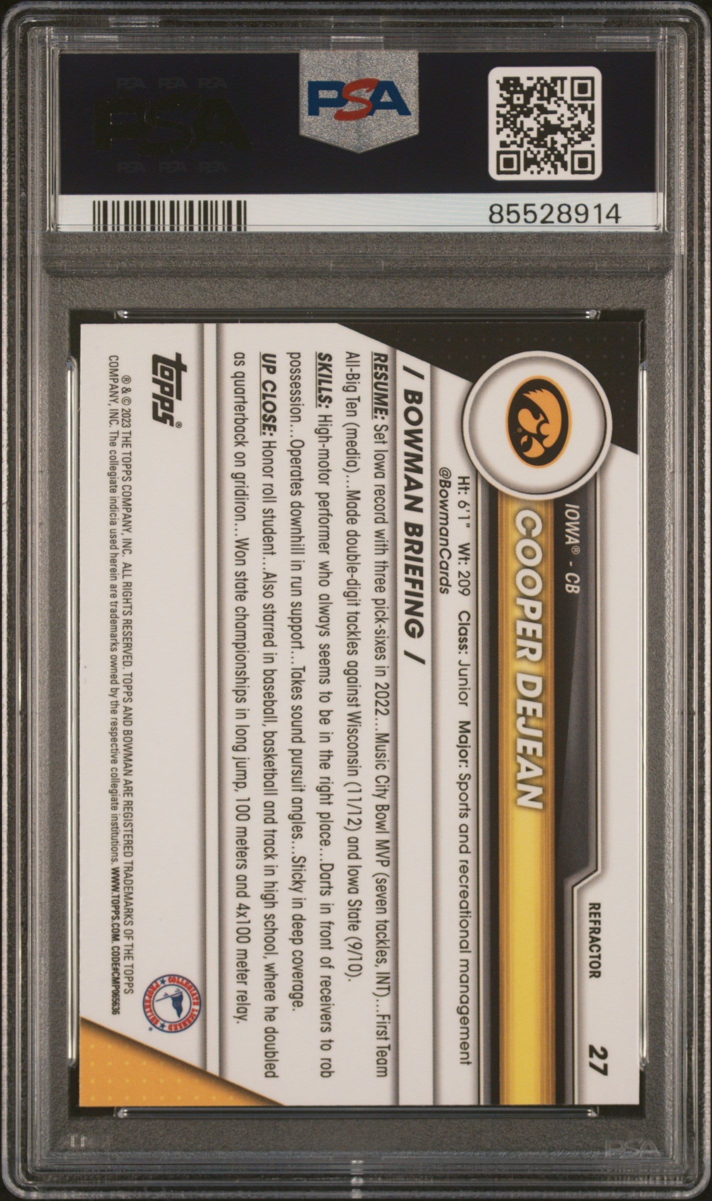 Graded 2023 Topps Bowman U Chrome Cooper DeJean #27 Refractor Rookie RC Football Card PSA 10 Gem Mint