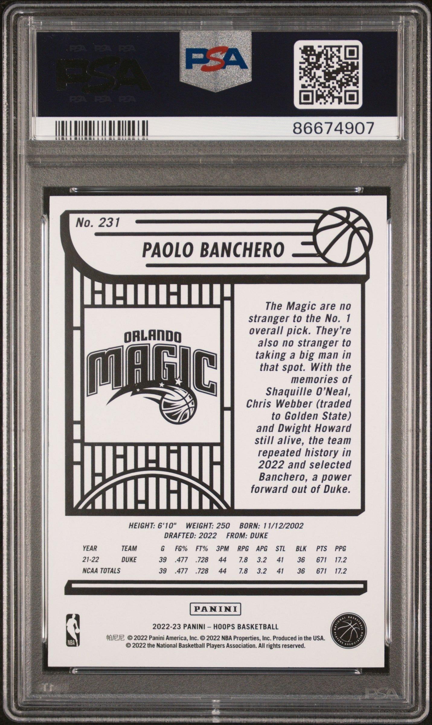 Graded 2022 Panini NBA Hoops Paolo Banchero #231 Rookie RC Basketball Card PSA 10 Gem Mint
