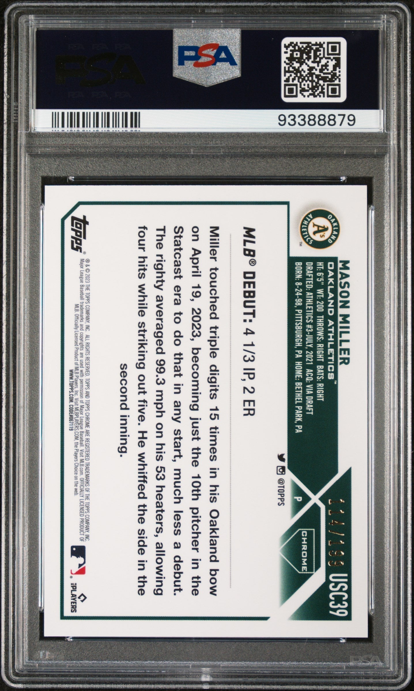 Graded 2023 Topps Chrome Update Mason Miller #USC39 Aqua #/199 Rookie RC Baseball Card PSA 10 Gem Mint