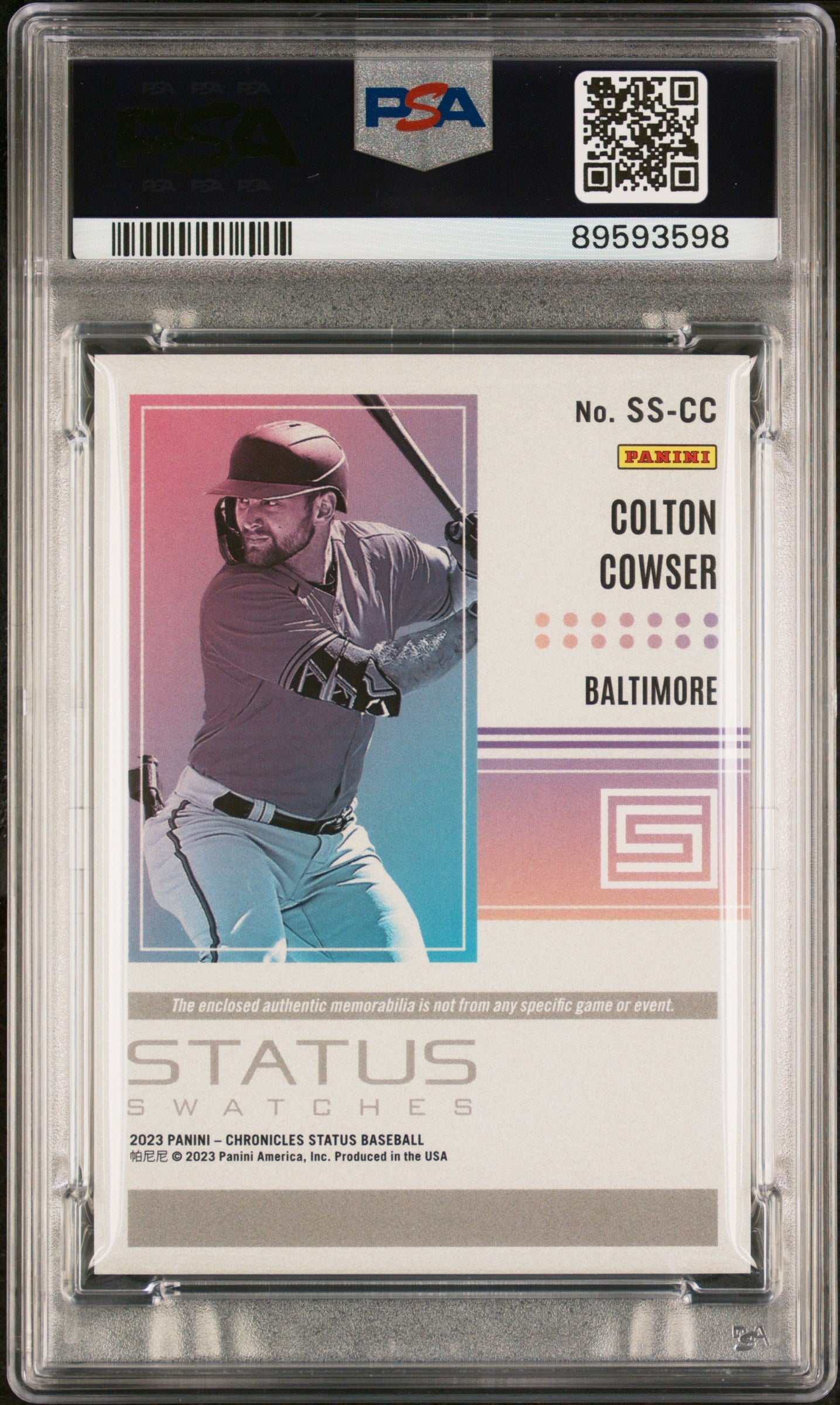 Graded 2023 Panini Chronicles Colton Cowser #SSCC Status Swatches Gold #/99 Rookie RC Baseball Card PSA 10 Gem Mint